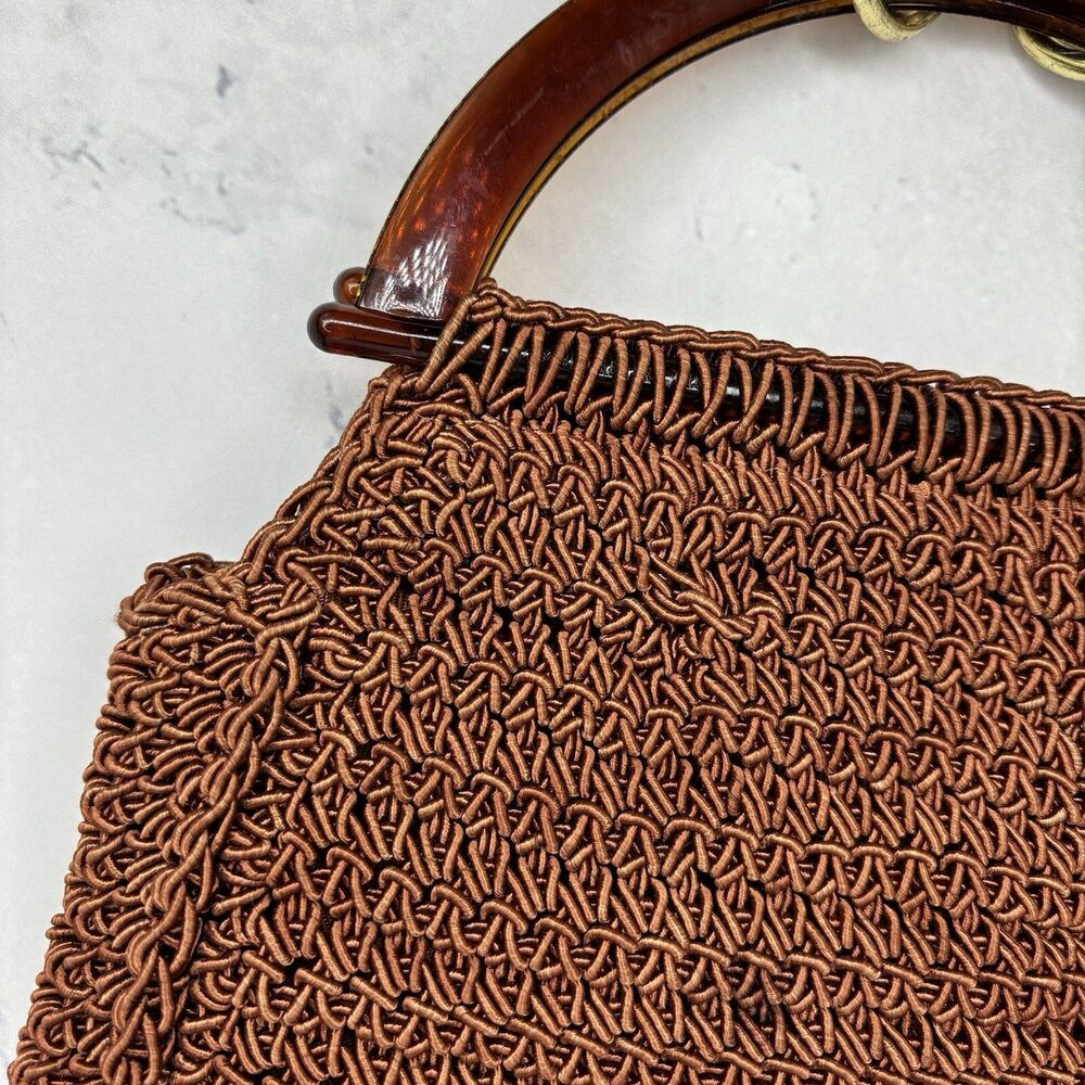 Vintage 60s Macrame Handbag Purse Lucite Handles Made In Italy Retro Hippy chic - Picture 12 of 16